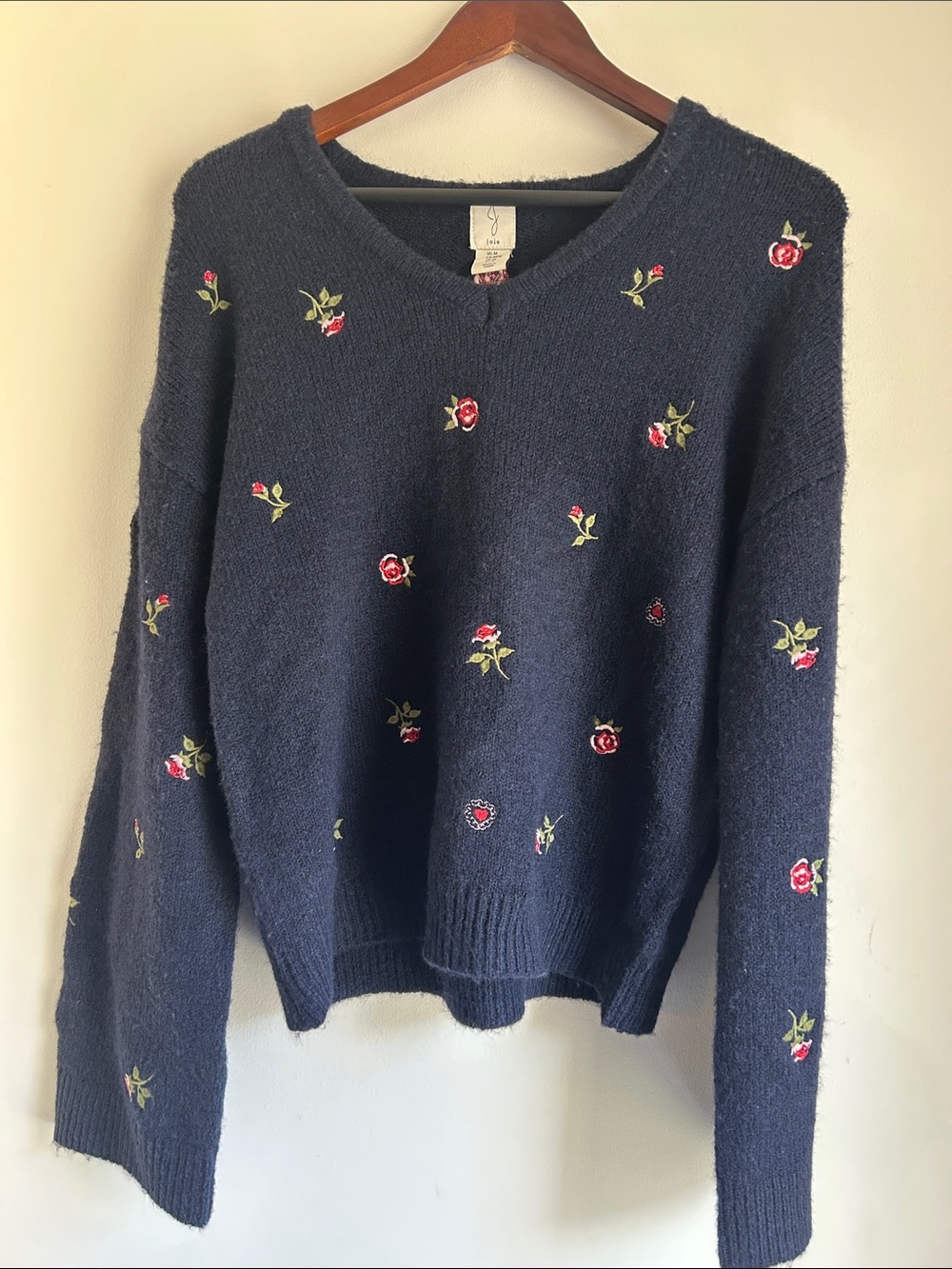 Joie Navy V-Neck Sweater with Red Rose Embroidery
